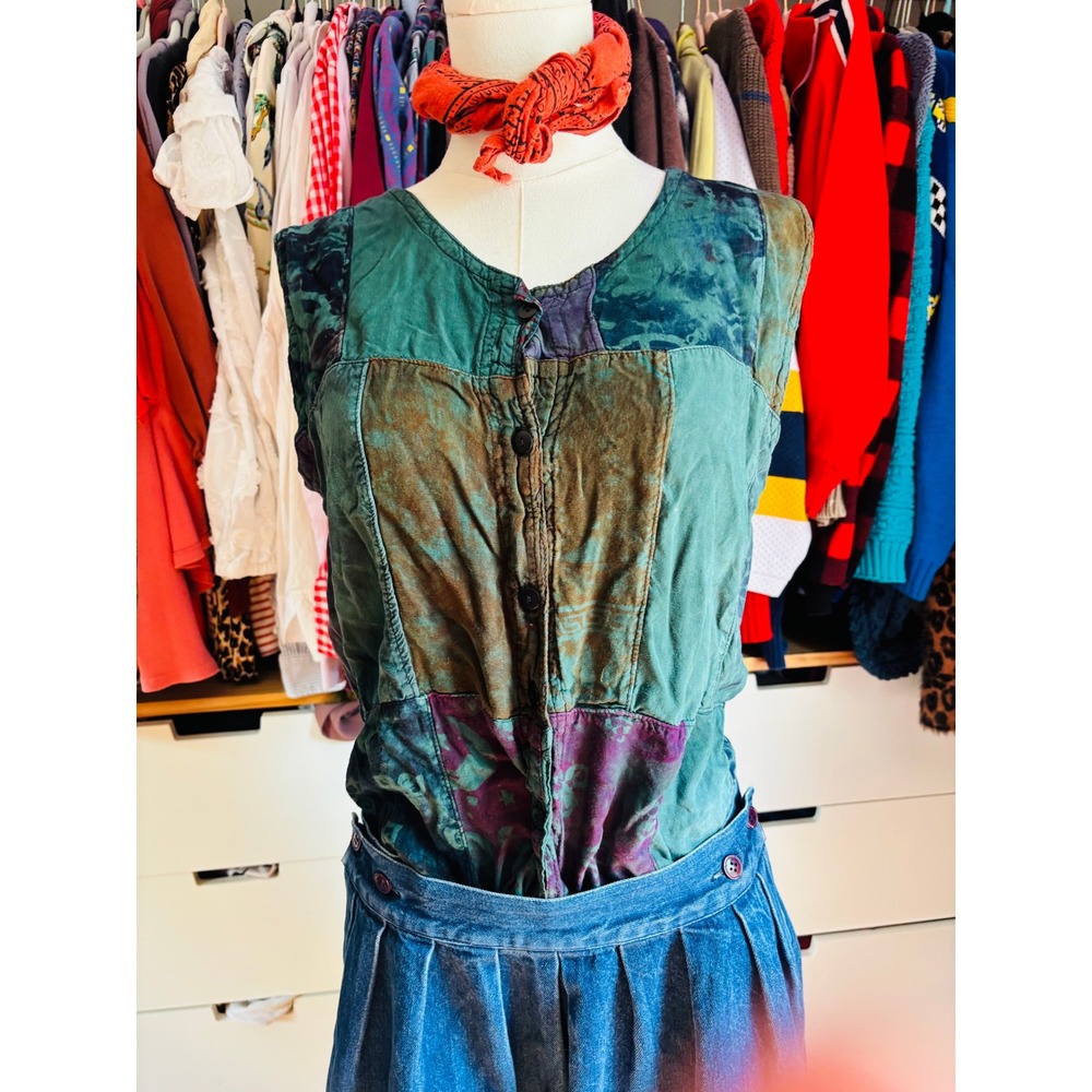 Y2K Love To Kiss Patchwork Top Tie Dye Womens Medium Vintage Boho